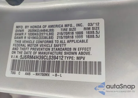 2012 Honda Cr-V Lx from USA, damaged, VIN 5J6RM4H39CL039412